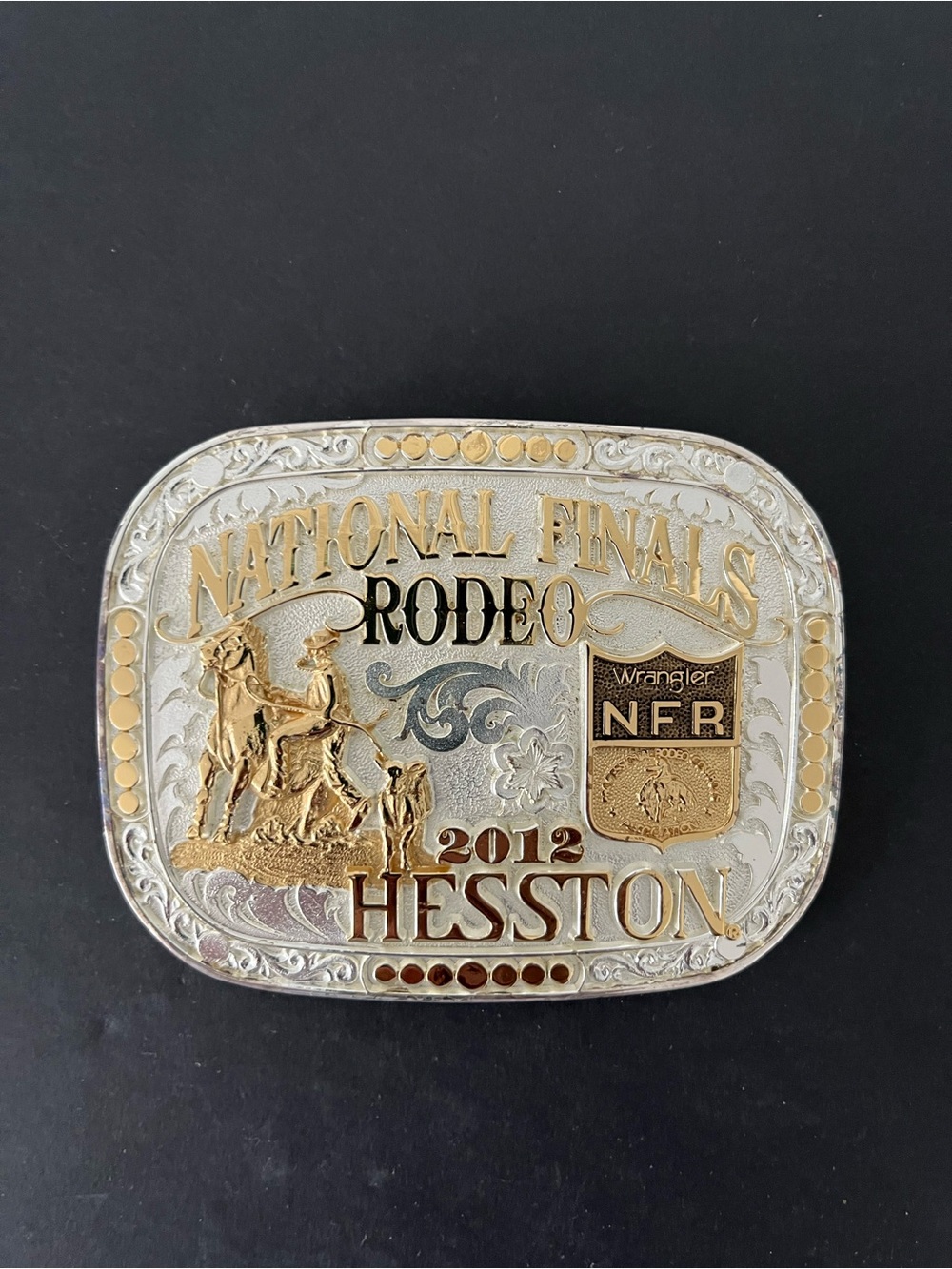 2012 National Finals Rodeo Hesston Belt Buckle Montana Silversmiths Gold Version